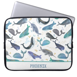 Housse Pour Ordinateur Portable Aquarelle Baleines Océan Poisson Or Bleu