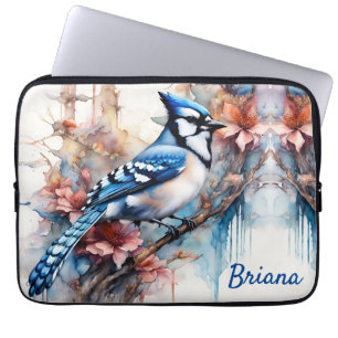 Housse Pour Ordinateur Portable Aquarelle bleu Jay Cherry Blossoms