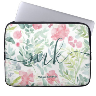 Housse Pour Ordinateur Portable Aquarelle Coral rose Fleurs Abstraites Monogramme