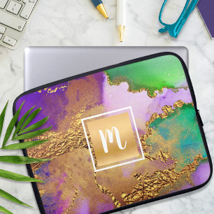 Housse Pour Ordinateur Portable Aquarelle de marbre or violet aqua vert monogramme