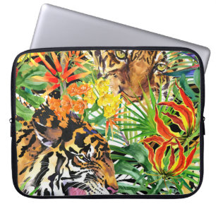 Housse Pour Ordinateur Portable Aquarelle de tigre tropical Motif de jungle