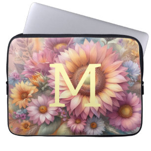Housse Pour Ordinateur Portable Aquarelle florale monogramme tournesol jaune rose
