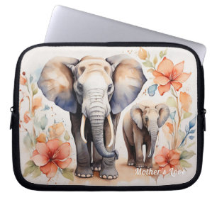 Housse Pour Ordinateur Portable Aquarelle florale unique mère et enfant éléphant