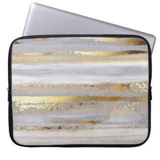 Housse Pour Ordinateur Portable Aquarelle gris et texture or de luxe