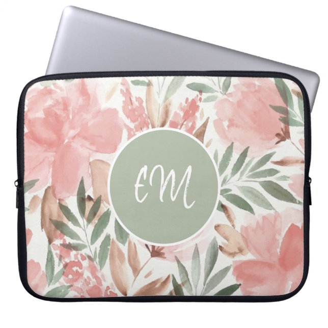 Housse Pour Ordinateur Portable Aquarelle Motif Floral Monogramme (Devant)
