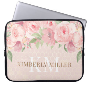 Housse Pour Ordinateur Portable Aquarelle or bleu rose rose floral Monogramme