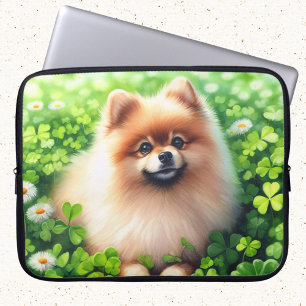 Housse Pour Ordinateur Portable Aquarelle Pomeranian Shamrock vert