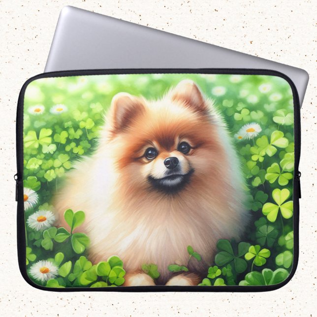 Housse Pour Ordinateur Portable Aquarelle Pomeranian Shamrock vert (Créateur téléchargé)