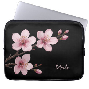 Housse Pour Ordinateur Portable Aquarelle rose cerisier noir Monogramme en fleurs