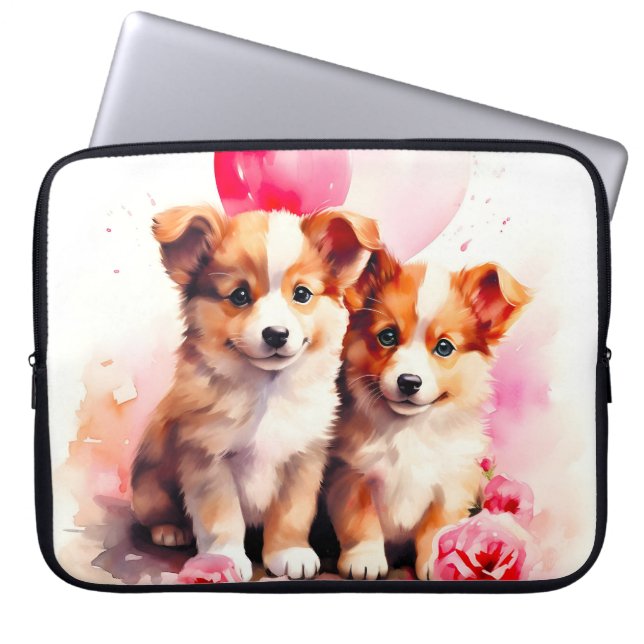 Housse Pour Ordinateur Portable Aquarelle Rosy Puppy Love (Devant)