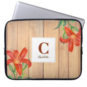 Housse Pour Ordinateur Portable Aquarelle rustique Orange Lily Art Monogramme