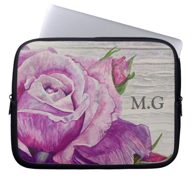 Housse Pour Ordinateur Portable Aquarelle rustique violet Rose Monogramme bois (Devant)