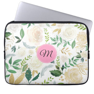Housse Pour Ordinateur Portable Aquarelles Blanc & Beige Rose Motif