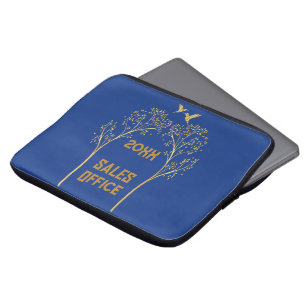 Housse Pour Ordinateur Portable Arbres en or monogrammé avec oiseaux sur bleu
