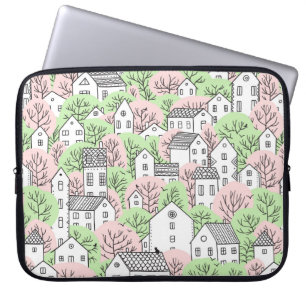 Housse Pour Ordinateur Portable Arbres et maisons sans couture motif. Printemps et