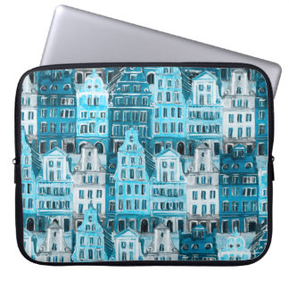 Housse Pour Ordinateur Portable Architecture d'Amsterdam, aquarelle bleue.