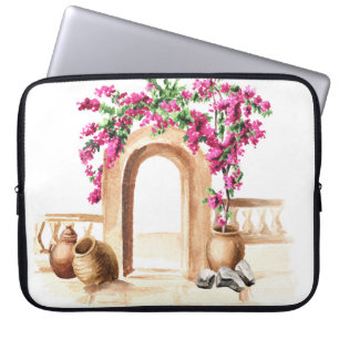 Housse Pour Ordinateur Portable Architecture méditerranéenne, fleurs, aquarelle, h