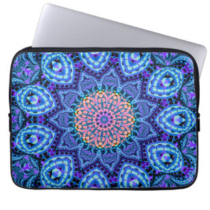 Housse Pour Ordinateur Portable Art bleu fleuri de kaléidoscope de vibrations de