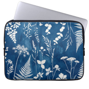 Housse Pour Ordinateur Portable Art botanique de fougère au cyanotype bleu indigo