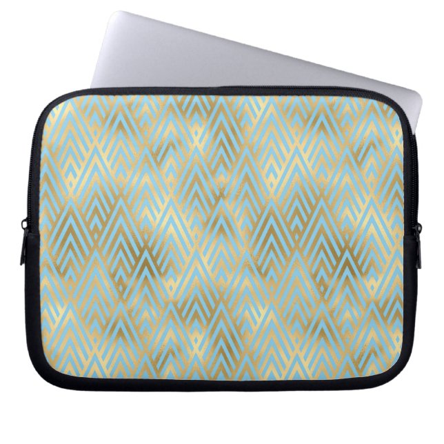 Housse Pour Ordinateur Portable Art Déco Diamond Motif, Turquoise & Or (Devant)