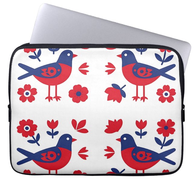 Housse Pour Ordinateur Portable Art populaire motif floral oiseau rouge bleu (Devant)