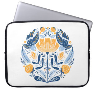 Housse Pour Ordinateur Portable Art populaire ornement rond avec oiseaux, roses et