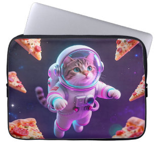 Housse Pour Ordinateur Portable Aventure spatiale de pizza avec un chat astronaute