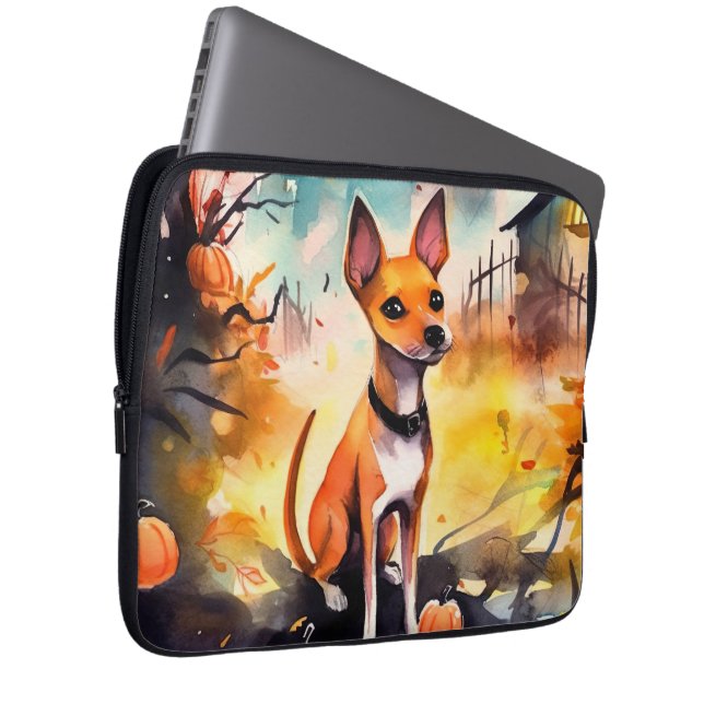 Housse Pour Ordinateur Portable Basenji D'Halloween Avec Peur Citrouille (Devant droit)