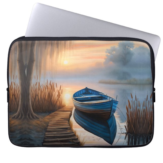 Housse Pour Ordinateur Portable Bateau bleu rustique Matin Sky réflexion (Devant)