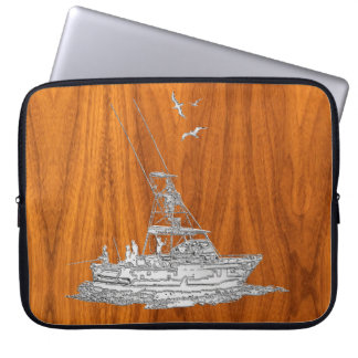 Housse Pour Ordinateur Portable Bateau de pêche en chrome sur décor à grain de boi