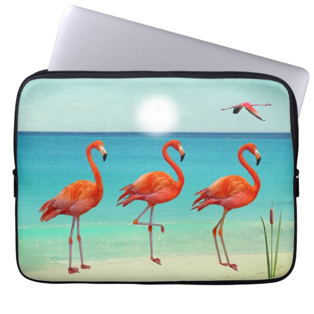 Housse Pour Ordinateur Portable Beaux Flamants roses roses sur la plage (Devant)