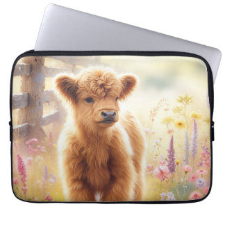 Housse Pour Ordinateur Portable Bébé adorable vache Highland dans un champ de fleu