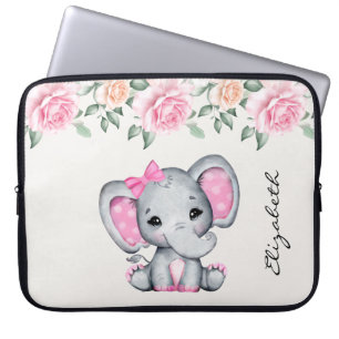 Housse Pour Ordinateur Portable Bébé rose mignon éléphant et frontière Rose