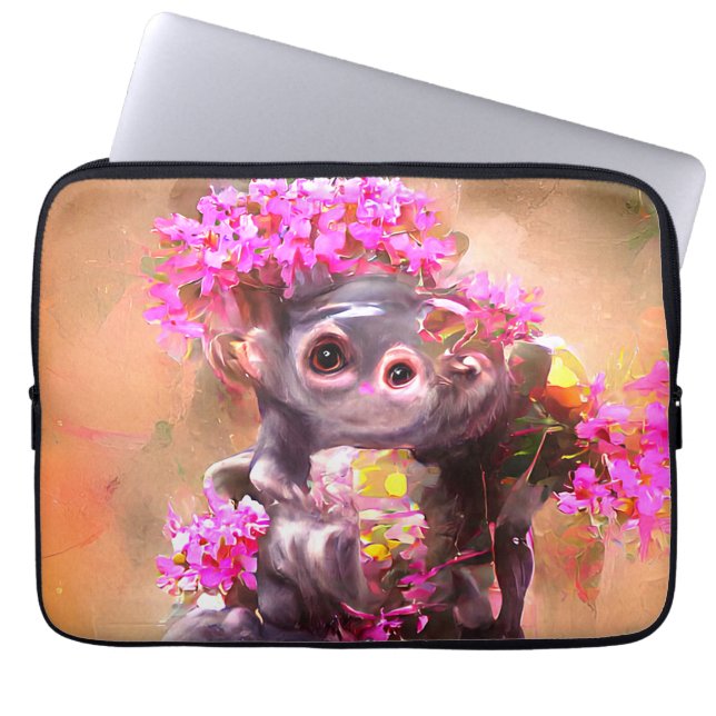 Housse Pour Ordinateur Portable Bébé singe avec fleurs (Devant)