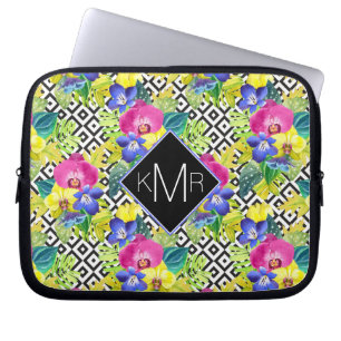 Housse Pour Ordinateur Portable Bégonia d'orchidée et monogramme des palmettes  