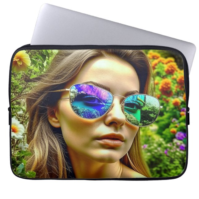 Housse Pour Ordinateur Portable Belle fille avec lunettes de soleil Fleurs de réfl (Devant)
