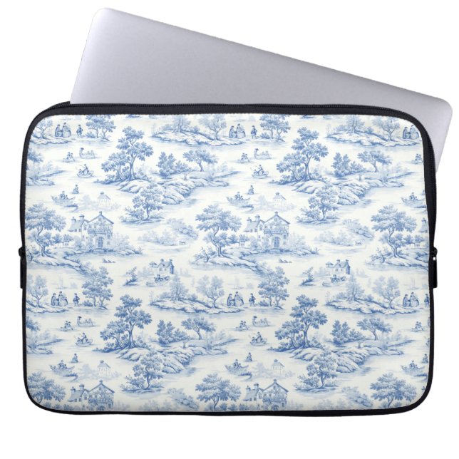 Housse Pour Ordinateur Portable Bleu à la française Toile de Jouy Romantique Éléga (Devant)