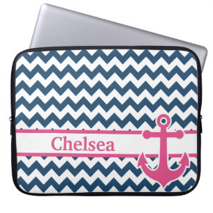 Housse Pour Ordinateur Portable Bleu blanc rose Chevron Nom de l'Ancre