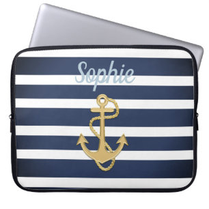 Housse Pour Ordinateur Portable Bleu et Ancre or Nautique