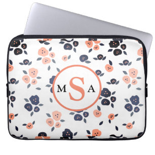 Housse Pour Ordinateur Portable Bleu marine pêche floral monogramme initial farmho