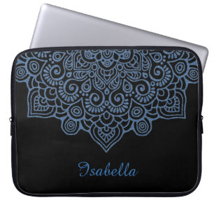 Housse Pour Ordinateur Portable bleu métallique vintage dentelle complexe Mandala
