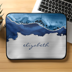 Housse Pour Ordinateur Portable Bleu Nuit Moderne Argent Agate Métallisé