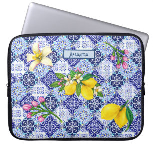 Housse Pour Ordinateur Portable Bleu sicilien carreaux céramiques d'agrumes médite