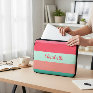 Housse Pour Ordinateur Portable Bloc de couleur rose et vert rayé