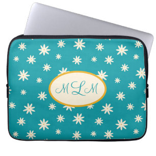 Housse Pour Ordinateur Portable Blue Boho Daisy Monogramme Personnalisé