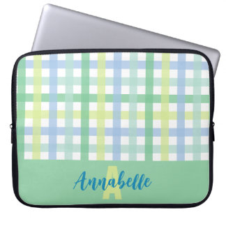 Housse Pour Ordinateur Portable Blue Green Lime Pastel En vichy Motif Monogramme