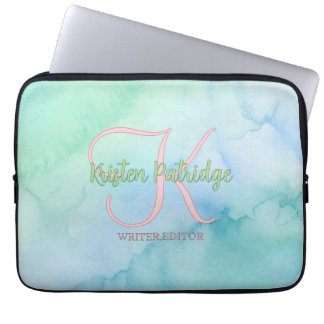 Housse Pour Ordinateur Portable blue green watercolor editor writer name monogram 
