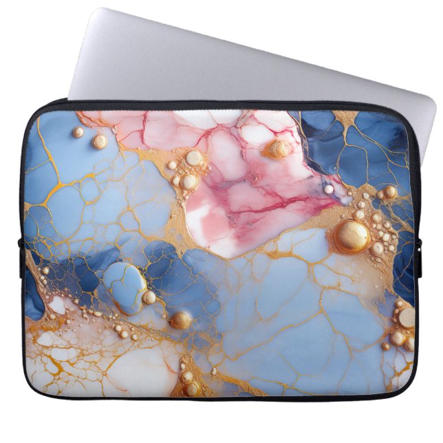 Housse Pour Ordinateur Portable Blush & Sapphire Marble with Golden Pearls (Devant)