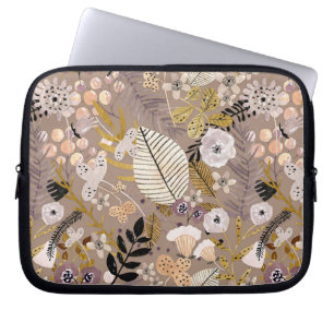 Housse Pour Ordinateur Portable Boho Noir Blanc Or Pêche Feuille Florale Dessinée