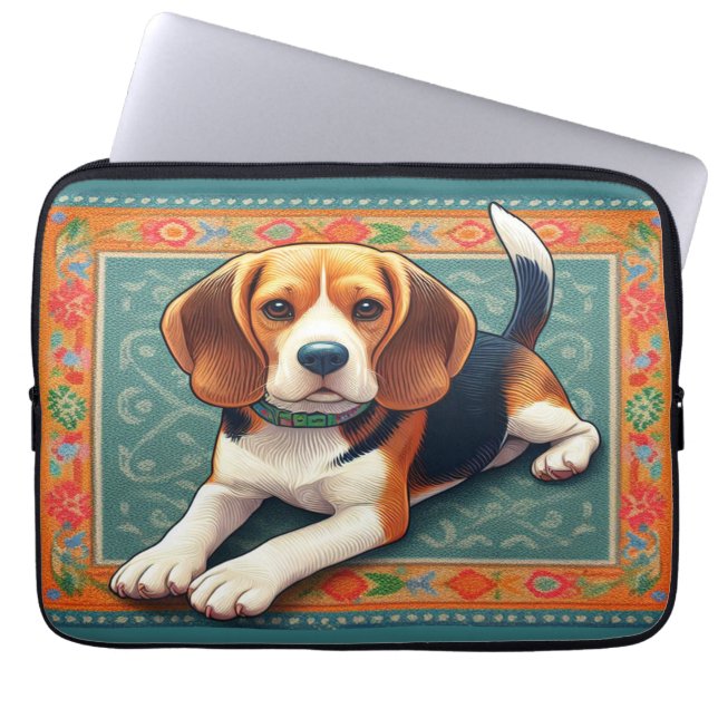 Housse Pour Ordinateur Portable Bordure colorée de chien Beagle 3D réaliste élégan (Devant)